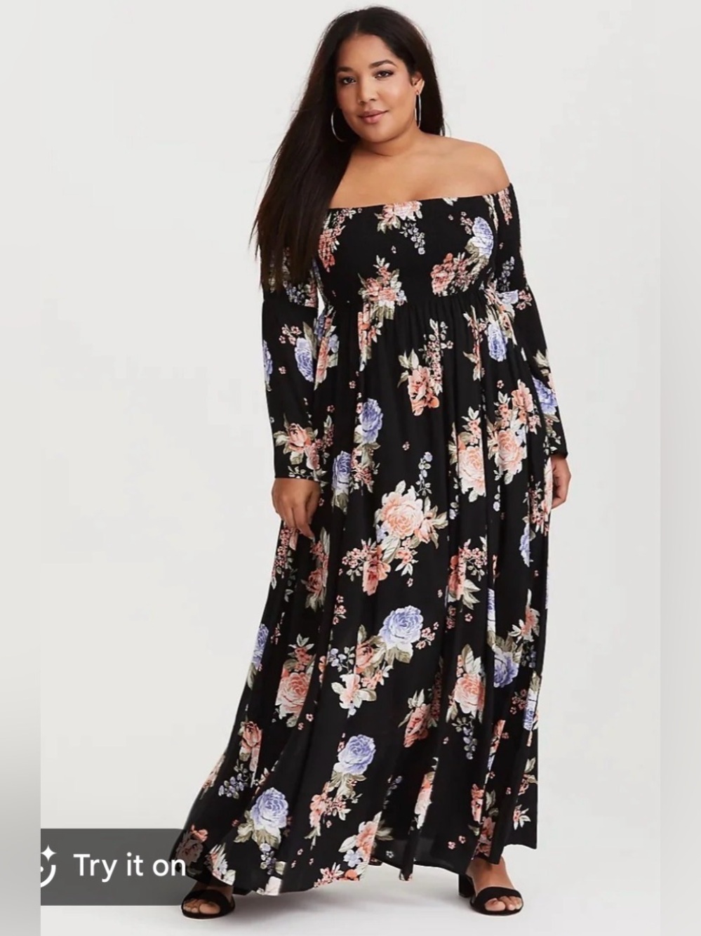 Black Peach Blue Floral Challis Off Shoulder Maxi Dress torrid 2x plus